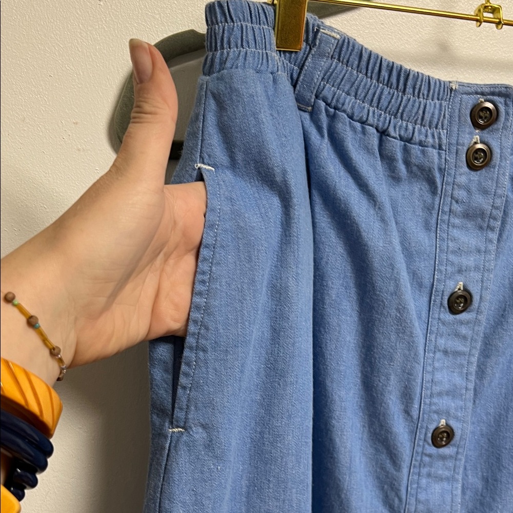 Napa Valley Vintage Denim Blue Midi Skirt Pink Plaid Patchwork Accents Buttons M - Picture 7 of 8